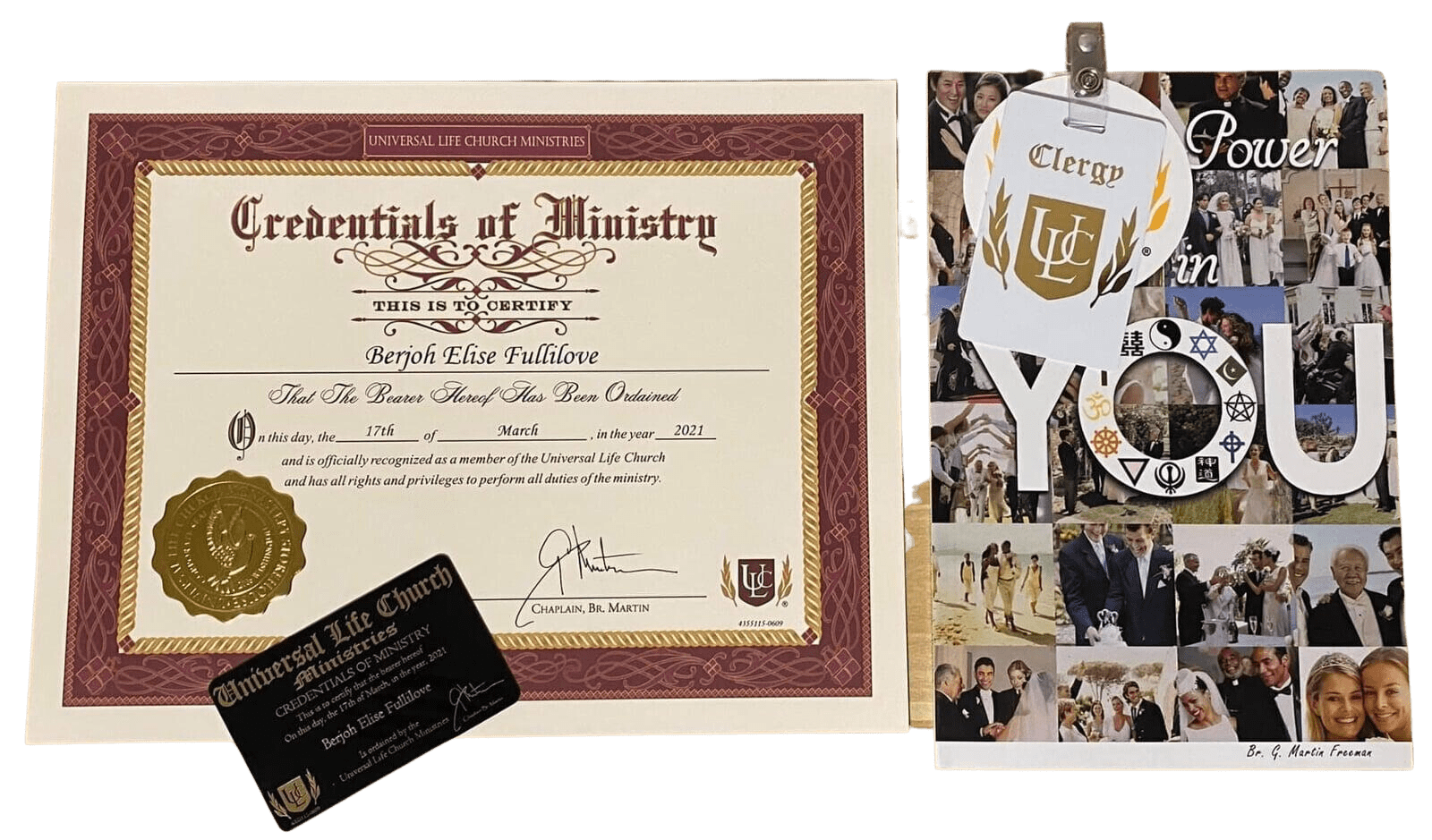 Universal Life Church Certificate with card and clergy badge and book